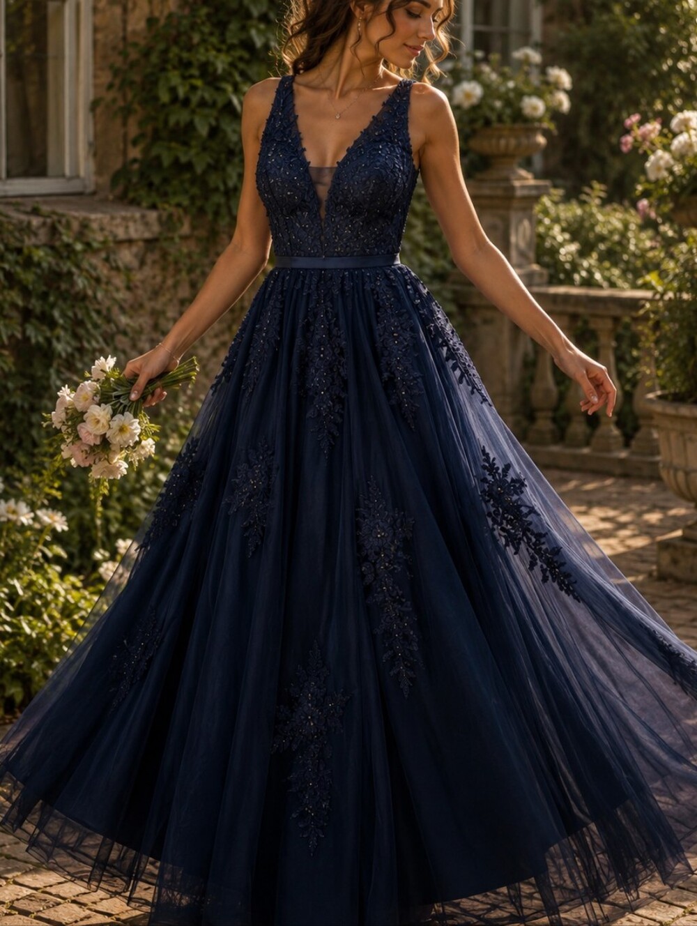 Elegant Navy V-Neck Tulle Maxi Dress